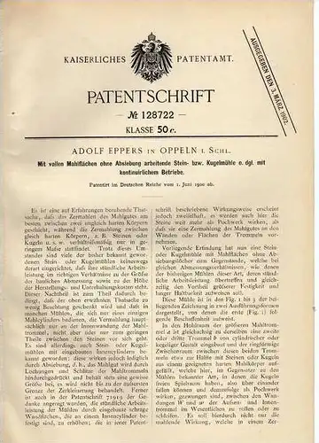Original Patentschrift - A. Eppers in Oppeln , 1900, Stein- und Kugelmühle , Mühle !!!