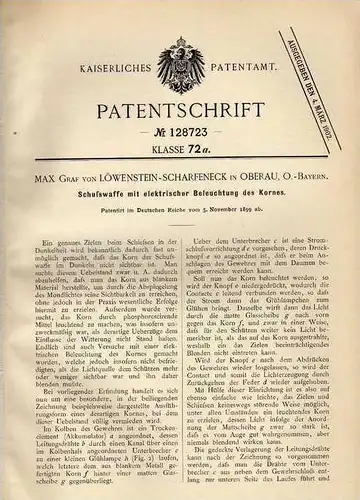 Original Patentschrift - Graf v. Löwenstein in Oberau , 1899 , Gewehr mit Beleuchtung , Waffe , Jagd , Jäger  !!!