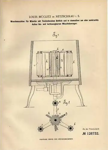Original Patentschrift - L. Müglitz in Netzschkau i.S. , 1900 , Waschmaschine für Wäsche !!!