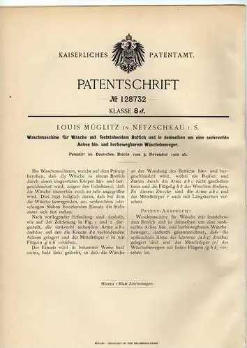 Original Patentschrift - L. Müglitz in Netzschkau i.S. , 1900 , Waschmaschine für Wäsche !!!