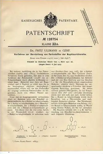 Original Patentschrift - Dr. F. Ullmann in Genf , 1901, Darstellung von Farbstoffen !!!