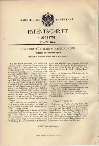 Original Patentschrift - F. Wüstenfeld in Hann. Münden , 1900, Fußboden aus einzelnen Tafeln , Parkett !!!