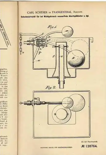 Original Patentschrift - C. Scherer in Frankenthal , 1900 ,Schwimmer für Spülkasten , Sanitär , WC , Abort , Toilette !!