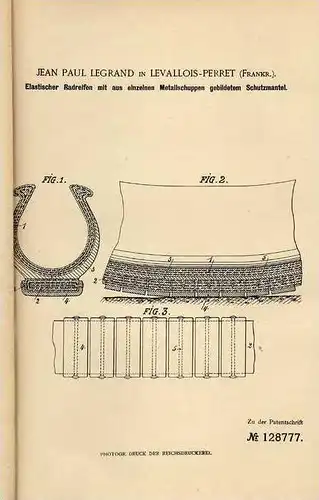 Original Patentschrift - J. Legrand in Levallois - Perret , 1900 , elastischer Reifen aus Metallschuppen !!!