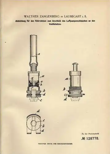 Original Patentschrift - W. Zangenberg in Laubegast , 1901 , Ventil Anschluß für Luftpumpe !!!
