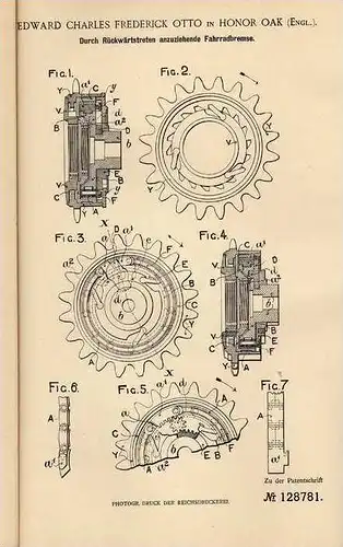 Original Patentschrift - Bremse für Fahrrad , Rücktritt , 1899 , E. Otto in Honor Oak , England  !!!