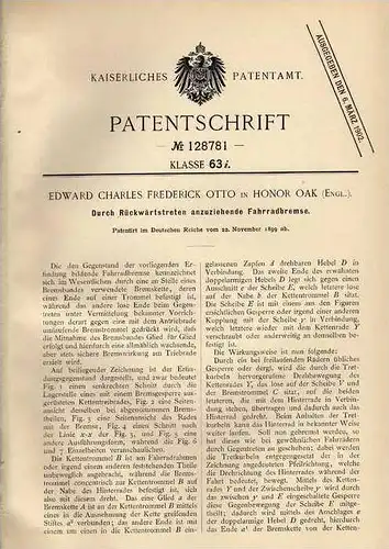 Original Patentschrift - Bremse für Fahrrad , Rücktritt , 1899 , E. Otto in Honor Oak , England  !!!