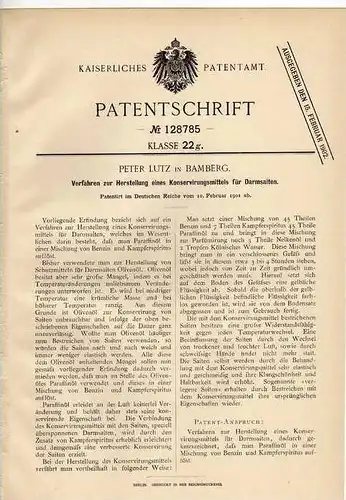Original Patentschrift - P. Lutz in Bamberg , 1900 , Konservierung mit Darmsaiten !!!