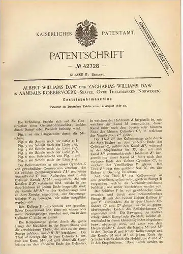 Original Patentschrift - A. Daw in Aamdals Kobbervoerk , Norwegen , 1887 , Gesteinsbohrer , Bergbau , Bohrer !!!