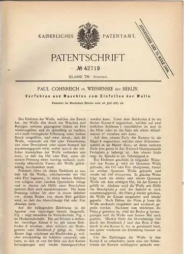 Original Patentschrift - Maschine zum Fetten von Wolle , Spinnerei , 1887 , P. Cohnreich in Weissensee b. Berlin !!!