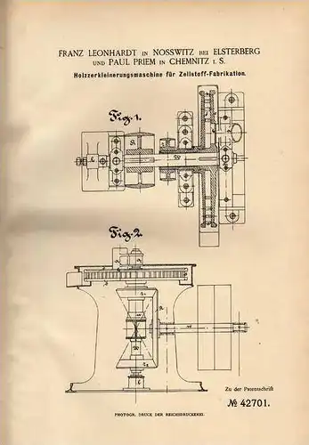 Original Patentschrift - P. Priem in Nosswitz b. Elsterberg , 1887 , Maschine für Zellstoff Fabrikation !!!