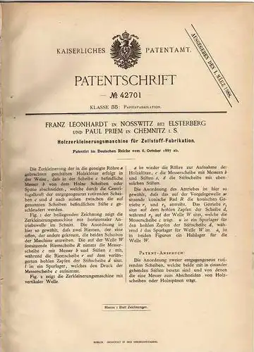 Original Patentschrift - P. Priem in Nosswitz b. Elsterberg , 1887 , Maschine für Zellstoff Fabrikation !!!