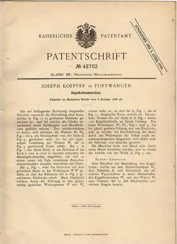 Original Patentschrift - J. Koepfer in Furtwangen , 1886 , Kugelkettenmaschine !!!