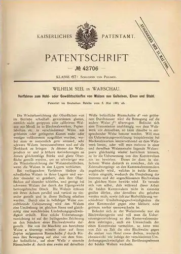 Original Patentschrift - Maschine zum Schleifen von Gußeisen , 1887 , W. Seel in Warschau !!!