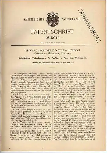 Original Patentschrift - Verkaufsapparat für Parfüm , 1887 , E. Colton in Hendon , England !!!