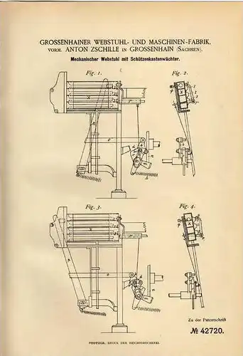 Original Patentschrift - Webstuhlfabrik in Grossenhain , 1887 , Webstuhl , Weberei , Weber !!!