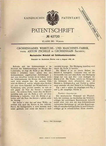 Original Patentschrift - Webstuhlfabrik in Grossenhain , 1887 , Webstuhl , Weberei , Weber !!!