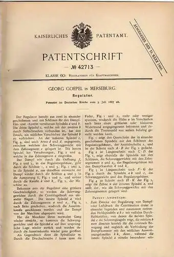 Original Patentschrift - G. Goepel in Merseburg , 1887 , Regulator  !!!