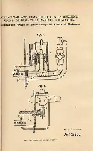 Original Patentschrift - Vailland Centralheizungsbau in Remscheid , 1901, Brenner mit Zündflamme , Heizung !!!