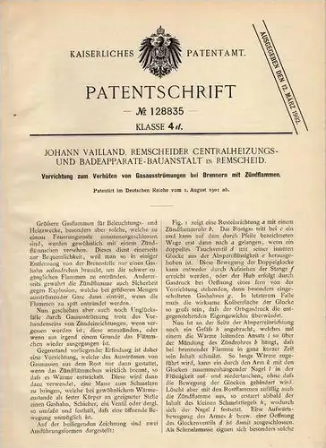 Original Patentschrift - Vailland Centralheizungsbau in Remscheid , 1901, Brenner mit Zündflamme , Heizung !!!