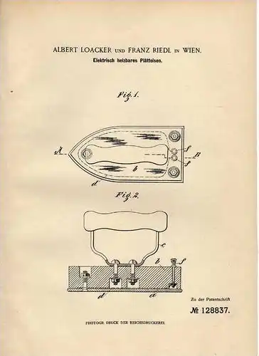 Original Patentschrift - Bügeleisen , Plätteisen , 1901 , F. Riedl in Wien !!!