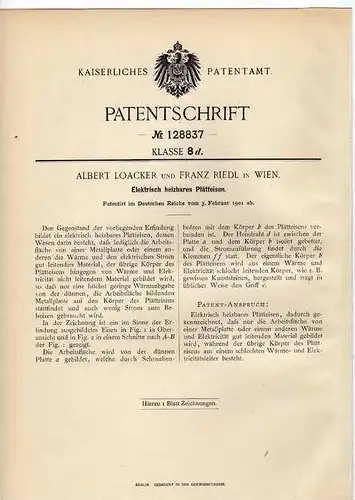 Original Patentschrift - Bügeleisen , Plätteisen , 1901 , F. Riedl in Wien !!!