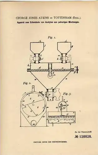 Original Patentschrift - Entwickler für Acetylen , 1900, G. Atkins in Tottenham , England!!!