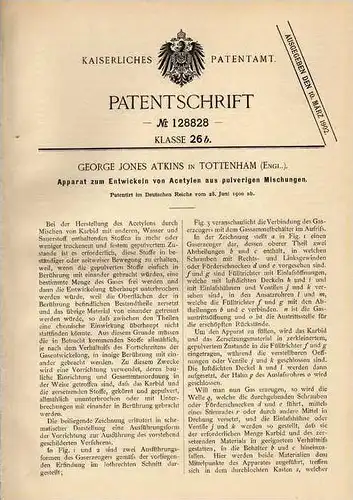 Original Patentschrift - Entwickler für Acetylen , 1900, G. Atkins in Tottenham , England!!!