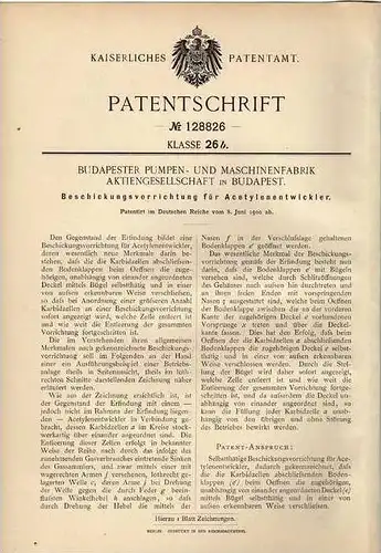 Original Patentschrift - Pumpen- und Maschinenfabrik in Budapest , 1900, Acetylenentwickler !!!