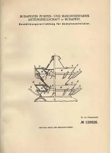 Original Patentschrift - Pumpen- und Maschinenfabrik in Budapest , 1900, Acetylenentwickler !!!