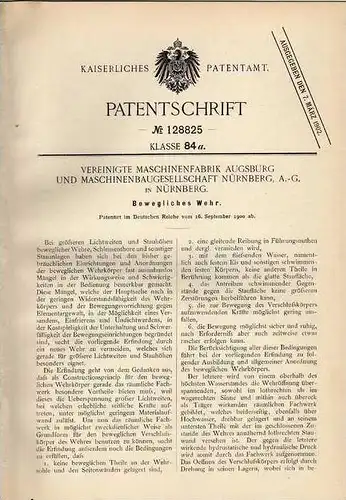 Original Patentschrift - bewegliches Wehr , Schleuse , Stau ,1900, Maschinenfabrik Augsburg und Nürnberg !!!