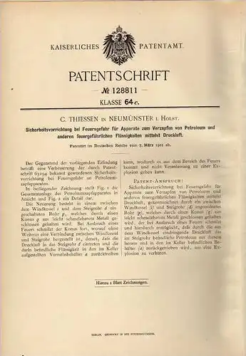 Original Patentschrift - Sicherheitsanlage bei Feuer , 1901, C. Thiessen in Neumünster i. Holstein , Feuerwehr