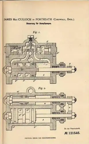 Original Patentschrift - Steuerung für Dampfpumpen , 1898 , J. Culloch in Portreath , Dampfmaschine !!!