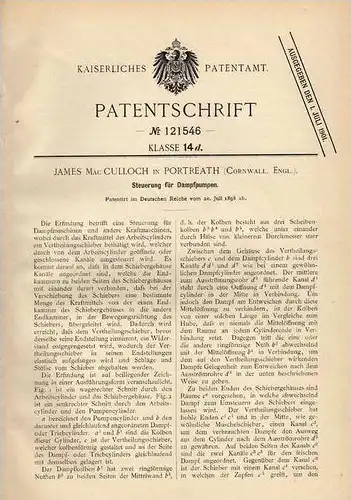 Original Patentschrift - Steuerung für Dampfpumpen , 1898 , J. Culloch in Portreath , Dampfmaschine !!!
