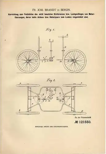 Original Patentschrift - Lenkgestänge für Motorwagen , 1900 , J. Brandt in Berlin , Lenkung !!!