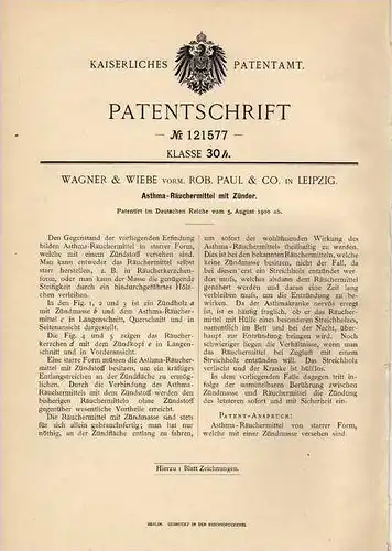 Original Patentschrift - Asthma - Räuchermittel mit Zünder , 1900 , Wagner & Wiebe in Leipzig , Rauchen , Tabak !!!