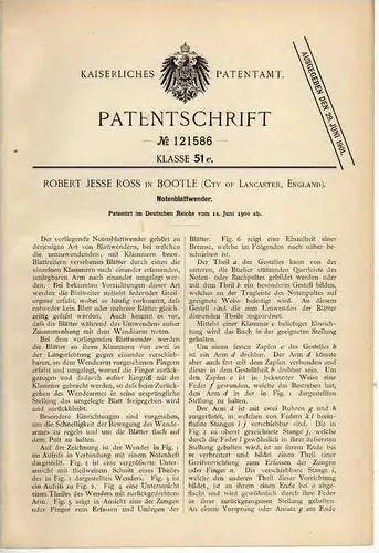 Original Patentschrift - Wender für Notenblatt  , 1900 , R. Ross in Bootle , Lancaster , England , Noten !!!