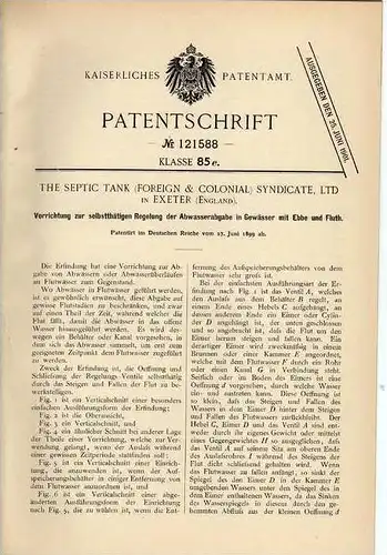 Original Patentschrift - Septic Tank Syndicate in Exeter , 1899, Abwasser Vorrichtung für Gewässer mit Ebbe und Flut !!!