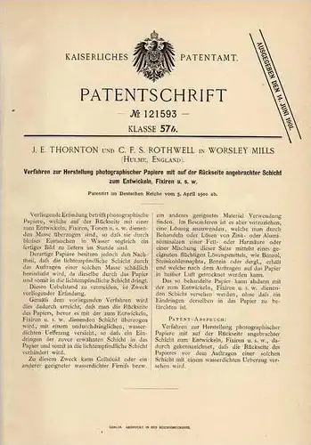 Original Patentschrift - J, Thornton in Worsley Mills , 1900, Photographie , Entwicklung , Photo , Hulme , England !!!