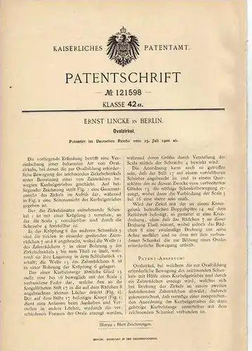 Original Patentschrift - E. Lincke in Berlin , 1900 , Zirkel , Ovalzirkel , Geometrie !!!