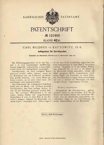 Original Patentschrift - C. Mildner in Kattowitz , 1900 , Zerreisproben !!!