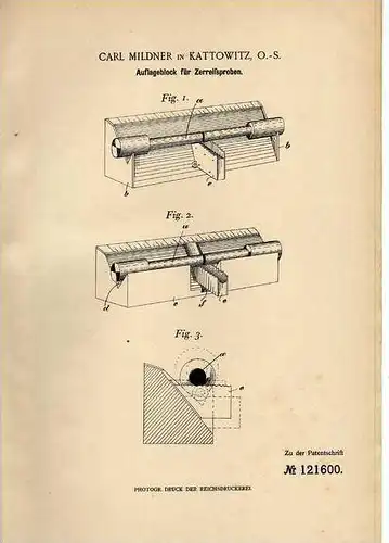Original Patentschrift - C. Mildner in Kattowitz , 1900 , Zerreisproben !!!