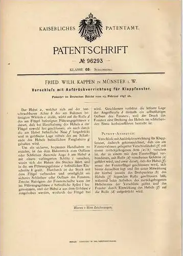 Original Patentschrift - W. Kappen in Münster , 1897, Klappfenster , Fenster , Fensterbau !!!