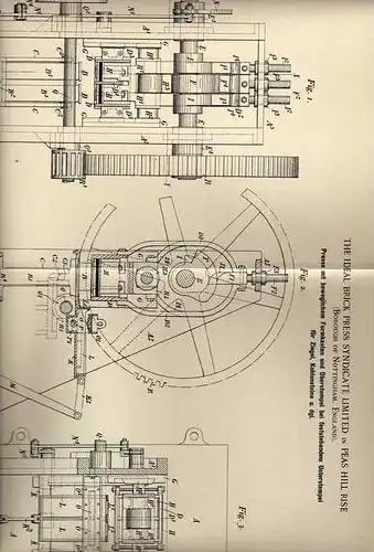 Original Patentschrift - Presse für Ziegel , Stein , Ziegelei ,1897, Brick Press Ltd. in Peas Hill Rise , Nottingham !!!