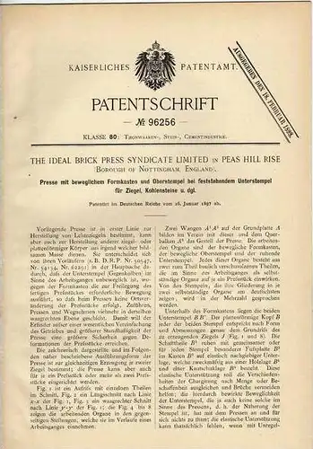 Original Patentschrift - Presse für Ziegel , Stein , Ziegelei ,1897, Brick Press Ltd. in Peas Hill Rise , Nottingham !!!