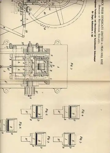 Original Patentschrift - Presse für Ziegel , Stein , Ziegelei ,1897, Brick Press Ltd. in Peas Hill Rise , Nottingham !!!