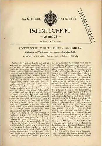 Original Patentschrift - Maschine zum Spinnen von Seide , 1897 ,R. Strehlenehrt in Stockholm , Spinnerei !!!