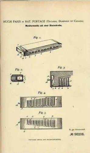 Original Patentschrift - Mundharmonika , 1896 , H. Paris in Rat. Portage , Ontario , Canada !!!