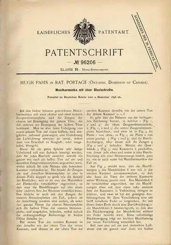 Original Patentschrift - Mundharmonika , 1896 , H. Paris in Rat. Portage , Ontario , Canada !!!