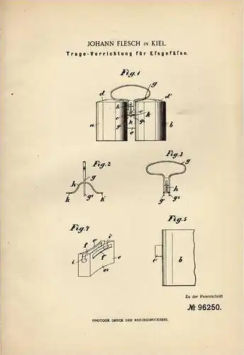 Original Patentschrift - Essgefäße Tragevorrichtung , 1897 , J. Flesch in Kiel !!!